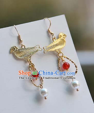 Ancient Chinese Handmade Hanfu Earrings Accessories Golden Birds Eardrop for Women