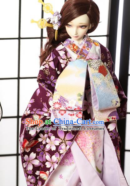 Traditional Asian Japan Costume Japanese Courtesan Iromuji Kimono Purple Sakura Vibration Sleeve Kimono for Women