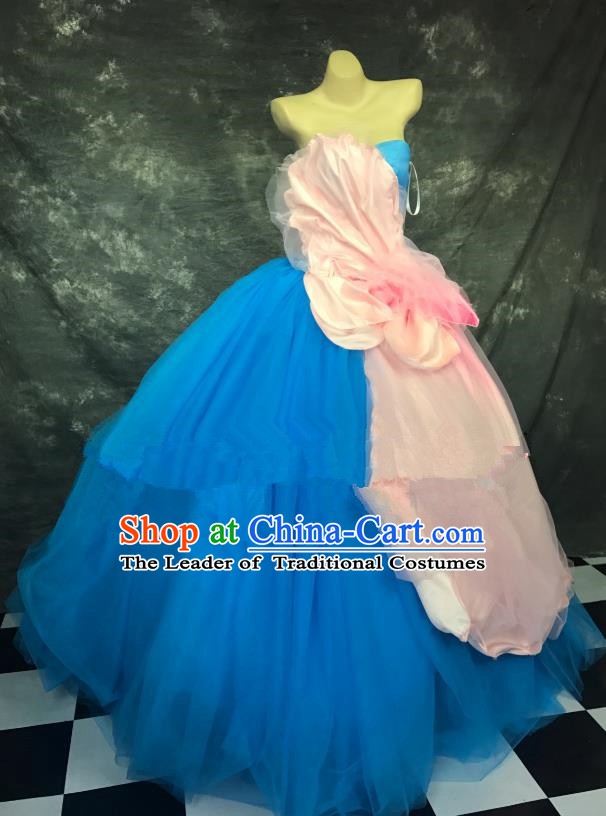 Top Grade Stage Performance Catwalks Costume Blue Bubble Dress Full Dress for Women