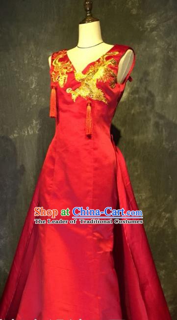 Top Grade Stage Performance Catwalks Embroidered Costume Wedding Red Full Dress Clothing for Women