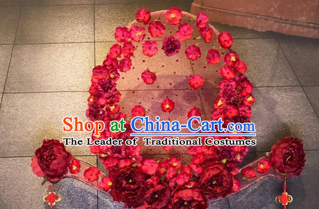 Top Grade China Ancient Palace Hair Accessories Red Flowers Hair Crown Halloween Stage Performance Headdress for Women