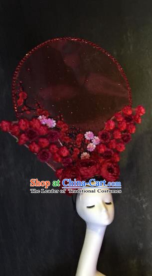 Top Grade China Ancient Red Flowers Hair Accessories Palace Hair Crown Stage Performance Headdress for Women