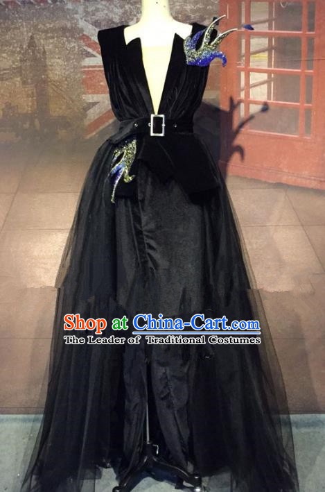 Top Grade Stage Performance Costume Modern Dance Catwalks Black Veil Full Dress for Women