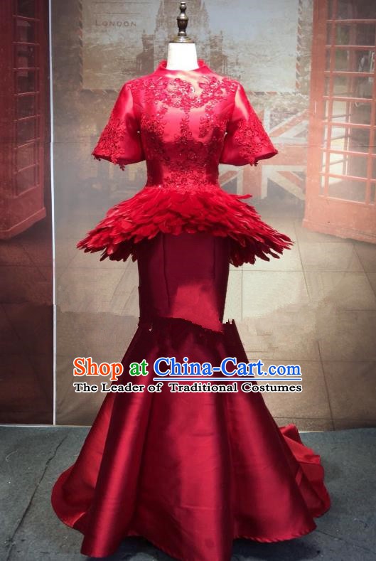 Top Grade Stage Performance Costume Red Cheongsam Dress Catwalks Full Dress for Women