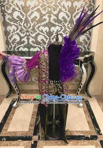 Top Grade Children Stage Performance Costume Catwalks Feather Purple Clothing for Kids