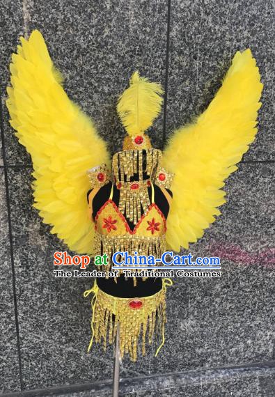 Top Grade Children Stage Performance Costume Modern Dance Catwalks Yellow Feather Bikini Dress and Wings for Kids