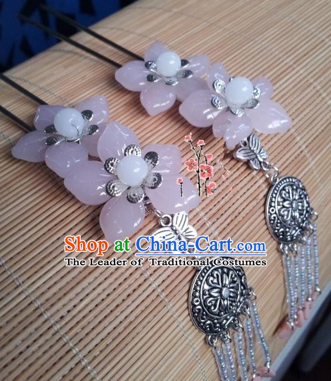Traditional Chinese Ancient Hair Accessories Hairpins Pink Flowers Tassel Hair Clips for Women