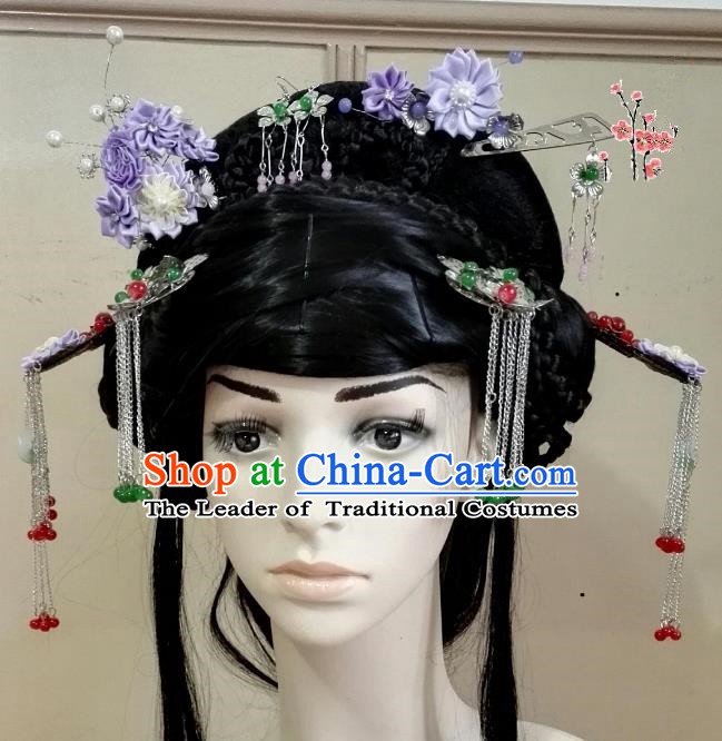 Traditional Chinese Ancient Hair Accessories Tassel Hairpins Purple Flowers Step Shake Complete Set for Women