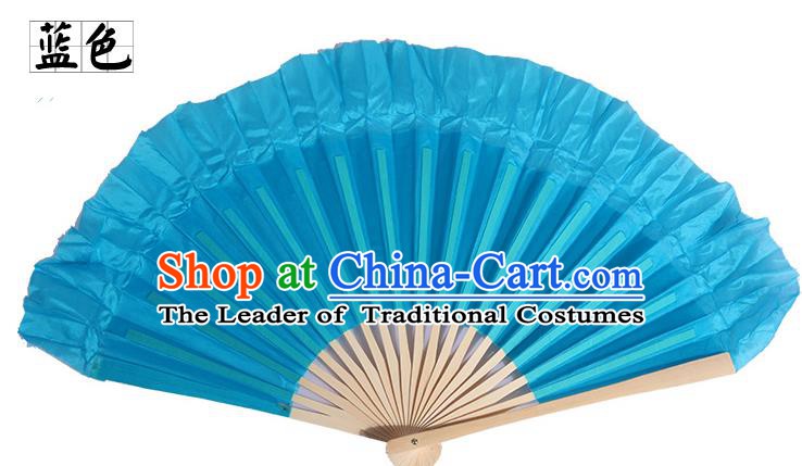 Top Grade Chinese Folk Dance Folding Fans Yangko Dance Blue Silk Fan for Women