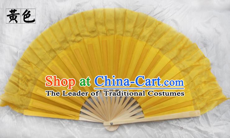 Top Grade Chinese Folk Dance Folding Fans Yangko Dance Yellow Silk Fan for Women