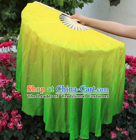 Top Grade Chinese Folk Dance Yellow Folding Fans Yangko Dance Silk Ribbon Fan for Women