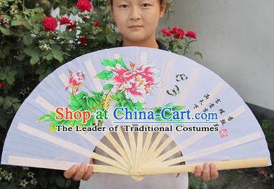 Chinese Handmade Folk Dance Folding Fans Yangko Dance Printing Peony Tai Chi Red Fan for Women