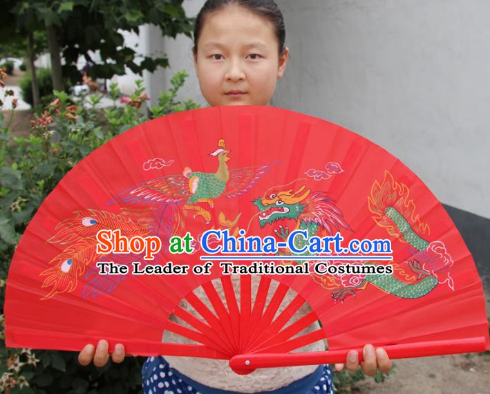 Chinese Handmade Folk Dance Folding Fans Yangko Dance Printing Dragon and Phoenix Tai Chi Red Fan for Women