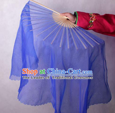 Chinese Handmade Folk Dance Deep Blue Ribbon Folding Fans Yangko Dance Classical Fans for Women