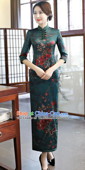 Chinese Traditional Elegant Atrovirens Cheongsam National Costume Watered Gauze Qipao Dress for Women