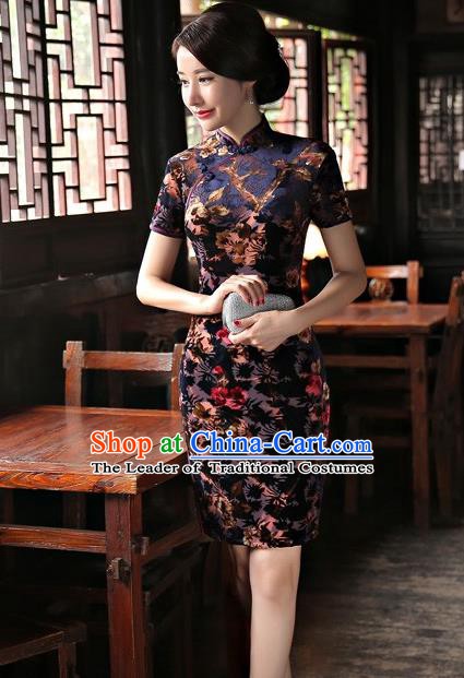 Chinese Traditional Elegant Velvet Cheongsam National Costume Short Qipao Dress for Women