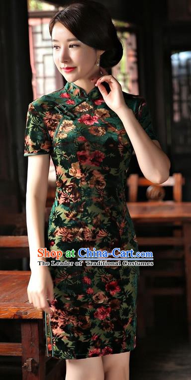 Chinese Traditional Elegant Green Velvet Cheongsam National Costume Short Qipao Dress for Women