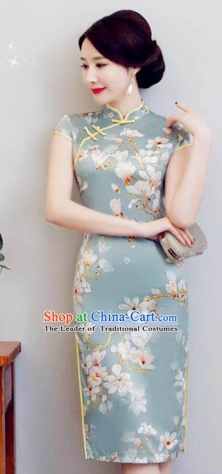 Chinese Traditional Elegant Cheongsam National Costume Printing Mangnolia Qipao Dress for Women
