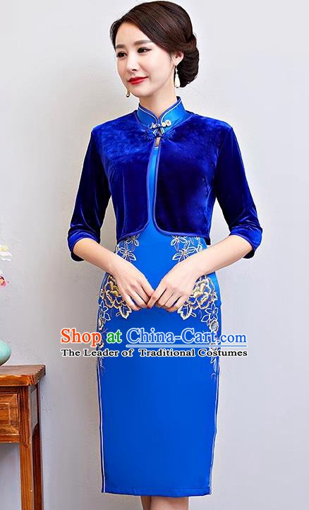 Chinese Traditional National Costume Blue Velvet Blouse Tang Suit Qipao Tippet for Women