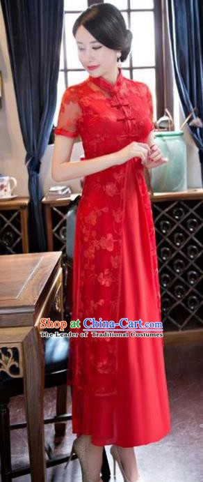 Chinese Traditional National Costume Elegant Embroidered Red Lace Cheongsam Qipao Dress for Women