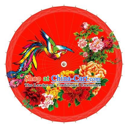 Chinese Handmade Painting Phoenix Peony Paper Umbrella Folk Dance Red Oil-paper Umbrella Yangko Umbrella