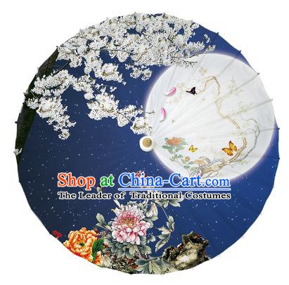 Chinese Handmade Painting Moon Peony Paper Umbrella Folk Dance Blue Oil-paper Umbrella Yangko Umbrella