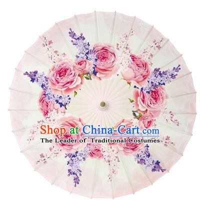 Chinese Handmade Paper Umbrella Folk Dance Hand Printing Rose Pink Oil-paper Umbrella Yangko Umbrella