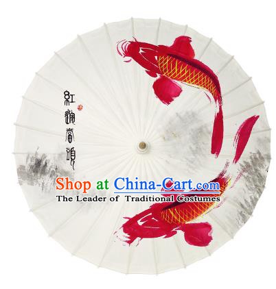 Chinese Handmade Paper Umbrella Folk Dance Printing Red Fishes Oil-paper Umbrella Yangko Umbrella
