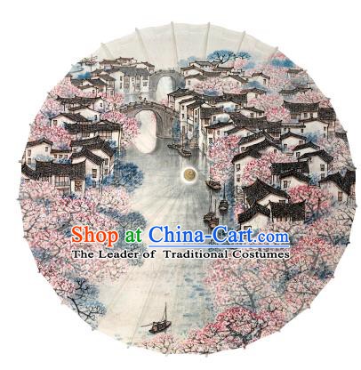 Chinese Handmade Paper Umbrella Folk Dance Painting Jiangnan Watertown Scenery Oil-paper Umbrella Yangko Umbrella