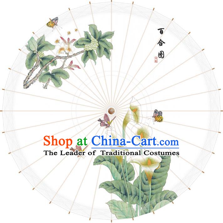 Chinese Traditional Artware Paper Umbrella Printing Greenish Lily Flower Oil-paper Umbrella Handmade Umbrella