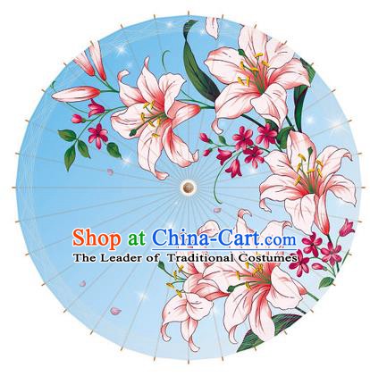 Chinese Traditional Artware Paper Umbrella Printing Greenish Lily Flower Blue Oil-paper Umbrella Handmade Umbrella