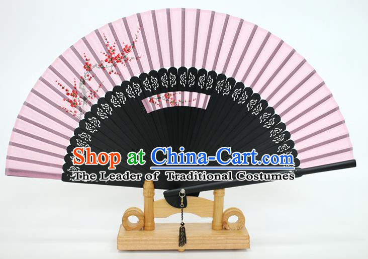 Chinese Traditional Artware Handmade Folding Fans Printing Plum Blossom Pink Silk Fans Accordion