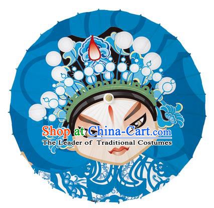 Chinese Traditional Artware Blue Paper Umbrellas Printing Peking Opera Takefu Oil-paper Umbrella Handmade Umbrella