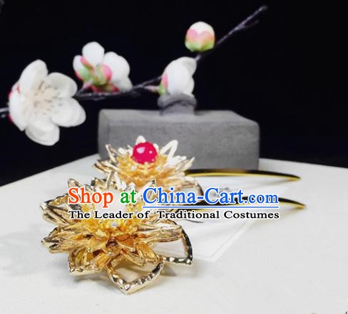 Chinese Handmade Classical Hair Accessories Golden Lotus Hairpins Hanfu Hair Stick for Women