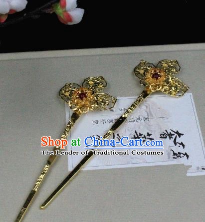 Chinese Handmade Classical Hair Accessories Golden Flower Hairpins Hair Stick for Women