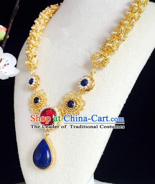Chinese Handmade Classical Accessories Golden Earrings Hanfu Royalblue Crystal Eardrop for Women