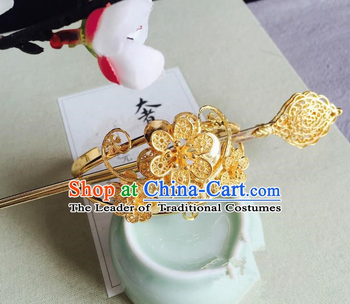 Chinese Handmade Classical Hair Accessories Golden Flowers Hairdo Crown Hairpins Hair Stick for Women