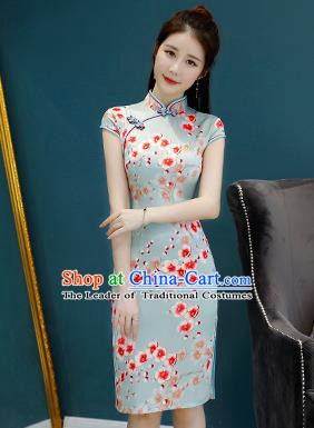 Chinese Traditional Mandarin Qipao Dress National Costume Printing Flowers Green Cheongsam for Women