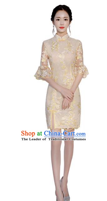 Chinese Traditional Mandarin Qipao Dress National Costume Champagne Short Cheongsam for Women