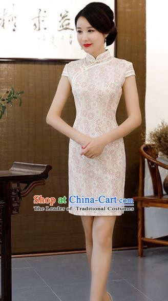 Chinese Traditional Beige Lace Mandarin Qipao Dress National Costume Short Cheongsam for Women