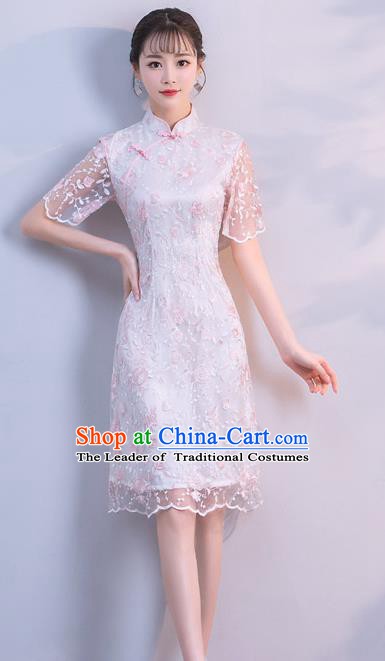 Chinese Traditional White Embroidered Mandarin Qipao Dress National Costume Short Cheongsam for Women