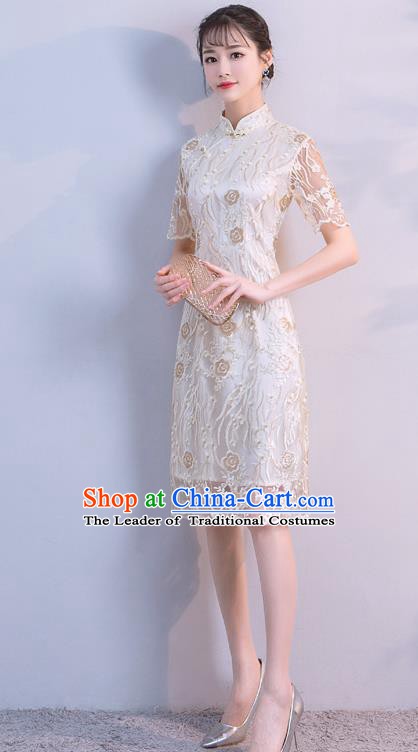 Chinese Traditional Champagne Embroidered Mandarin Qipao Dress National Costume Short Cheongsam for Women