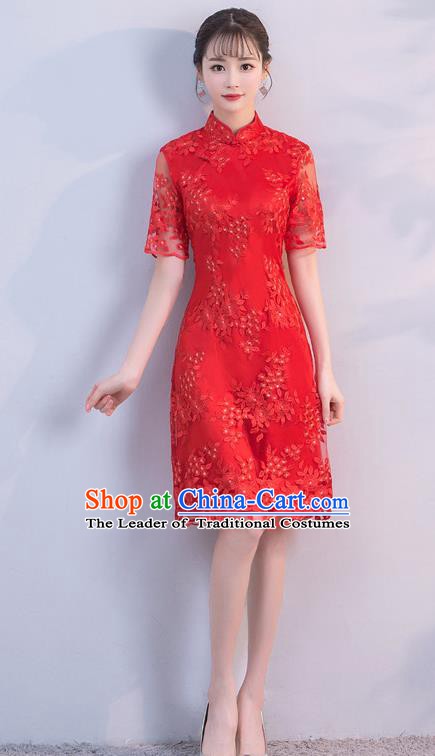 Chinese Traditional Red Mandarin Qipao Dress National Costume Short Cheongsam for Women
