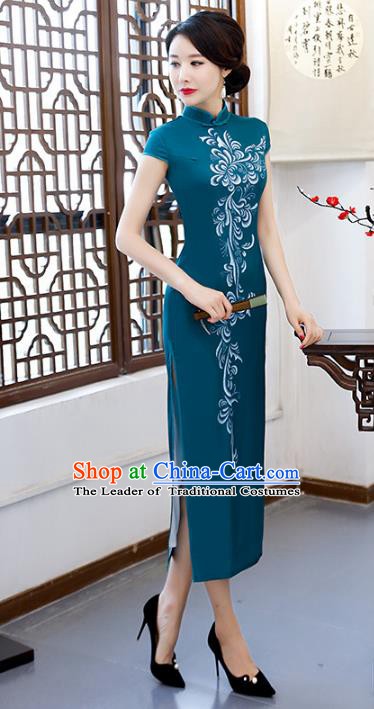 Chinese Traditional Chrysanthemum Pattern Mandarin Qipao Dress National Costume Atrovirens Cheongsam for Women