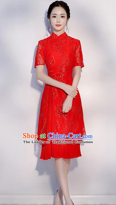 Chinese Traditional Embroidered Red Mandarin Qipao Dress National Costume Short Cheongsam for Women