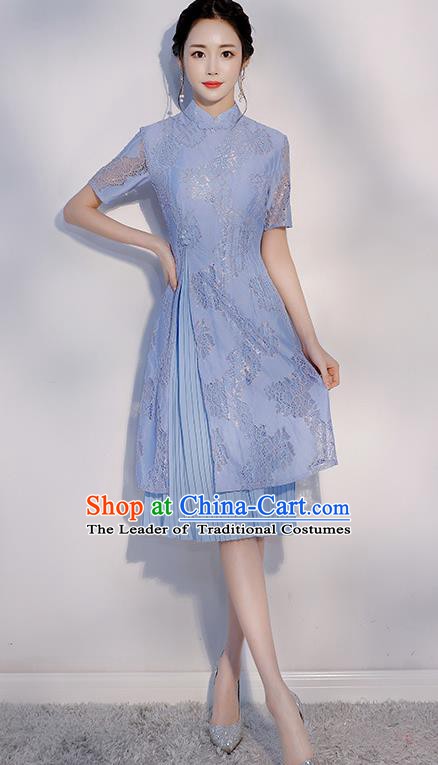 Chinese Traditional Embroidered Blue Mandarin Qipao Dress National Costume Short Cheongsam for Women