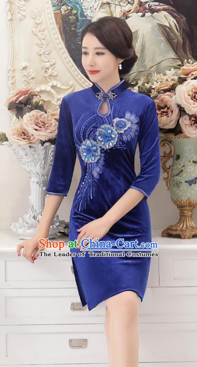 Chinese Traditional Tang Suit Blue Velvet Qipao Dress National Costume Retro Mandarin Cheongsam for Women