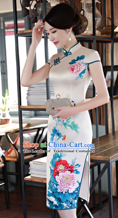Chinese Traditional Printing Peony Mandarin Qipao Dress National Costume Tang Suit Silk Cheongsam for Women