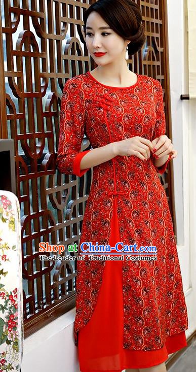 Chinese Traditional Tang Suit Red Qipao Dress National Costume Chiffon Mandarin Cheongsam for Women