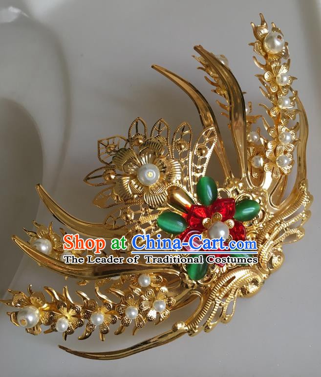 Traditional Chinese Ancient Queen Hair Accessories Hairpins Golden Phoenix Coronet for Women